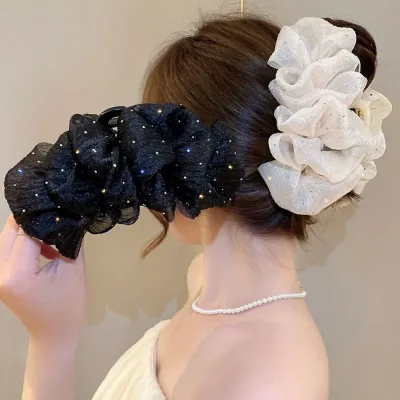 Summer Sweet Mesh Tulle Big Bow Hair Claw Clips for Women Solid colours Elegant Bowknot Ponytail clip New Headdress Acce