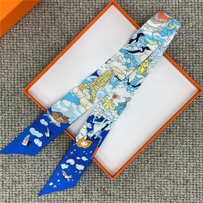 POBING Wheel Print 18m/m Twill Silk Scarves Women Luxury Brand Scarf Bag Ribbons Tie Head Scarf Small Long Skinny Scarf 