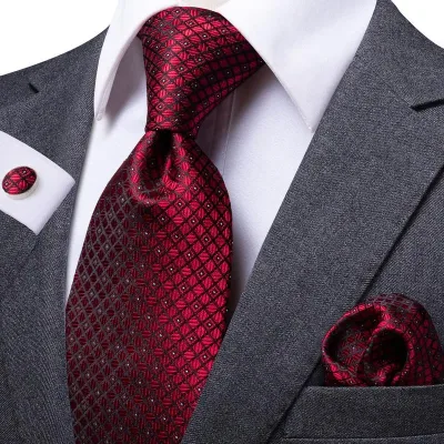 Hi-Tie Designer Red Burgundy Plaid Wedding Tie For Men Handky Cufflink Gift Mens Necktie Fashion Business Party Dropship