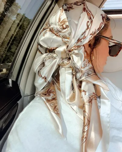Satin Square Scarf Women Muslim Hijab Elegant 2025 Print Silk Neckerchief Shawl Wraps Headband Handle Hair Accessories B