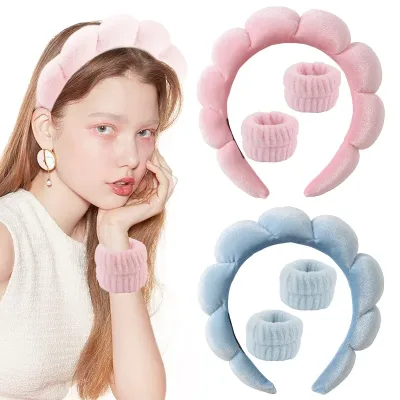 Sponge Spa Headband with Wristbands for Washing Face Wide Padded Headband Skin Care Makeup Removal Shower for Women Girl