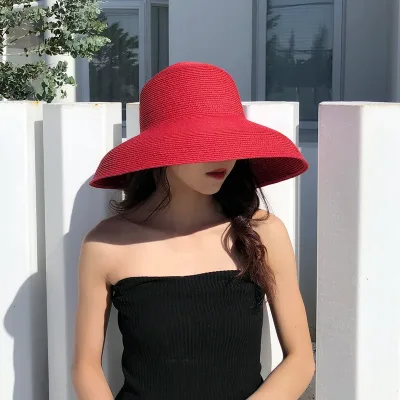 Wide Brim Foldable Red Sun Hat for Women