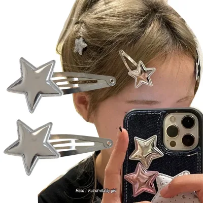2pcs Silver Color PU Star Hair Clips Y2K Silver BB Snap Clip Hairpins Cute Side Barrette Headwear Girls Women Hair Acces