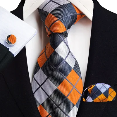 Orange Plaid Floral Novelty Tie Set with Hanky and Cufflinks Men