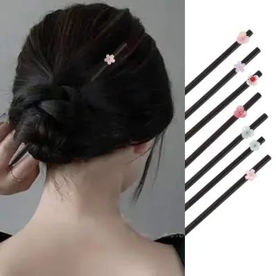 Classical Simple Wood Cute Flower Hairpins Chinese Style Retro Disk Diy Hair Headwear Daily Hanfu Matching Hair Fork For