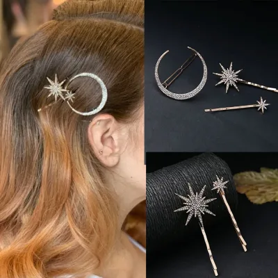 New Geometric Stars Moon Rhinestone Hair Clip Set Snowflake Star Bride Hairpins Women Side Clip Hair Barrettes Hair Jewe
