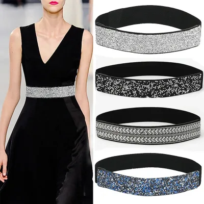 Shining RhineStone Sequin Corst Elastic Belt For Women Inlaid Imitation Diamond Elastic Belts Flash Colour Ladies Fashio