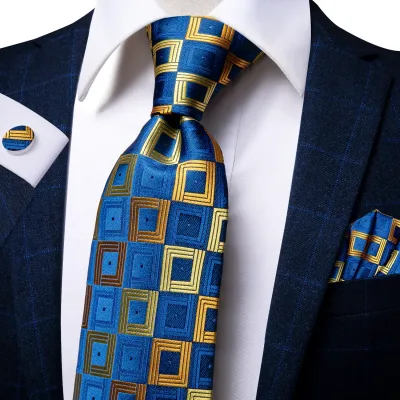 Hi-Tie New Yellow Blue Plaid Men's Tie Set Luxury 8.5cm Large Necktie For Men Fashion Hanky Cufflinks Set Wedding Qualit