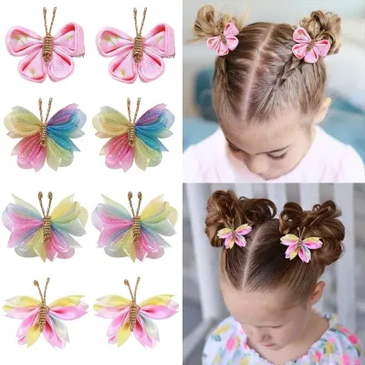2pcs/set Butterfly Hair Clip Gradient Flocking Hairpins with Gold Color Cute Gauze Headwear Girls Children Hair Accessor