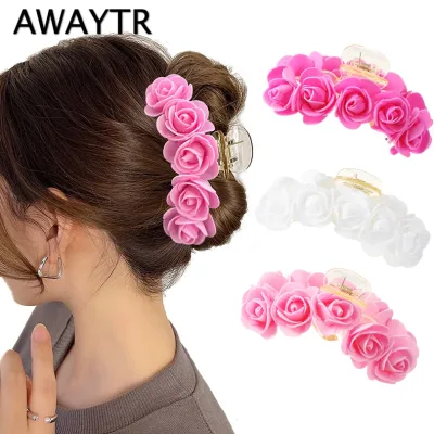 AWAYTR Pink Bubble Flower Rose Flower Hair Claw Clip Barrette Ponytail Holder Cute Hairclip Hair Accessories For Women G
