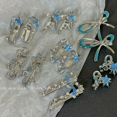 Y2g Blue Silver Alloy Barrettes Simple Girl Five-Pointed Star Metal Duckbill Clip Bang Clip Side Clip Hair Accessories N