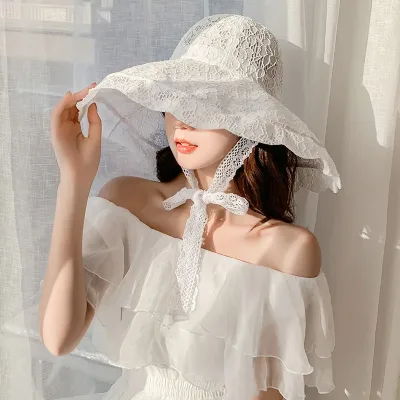 New Wide Brim Sun Hat Women Lace Hat Summer White Black Lace Party Wedding Packable Beach Hat