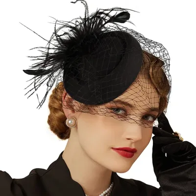Felt Fascinator Hat with Fishnet Veil and Wave Point Decor Women