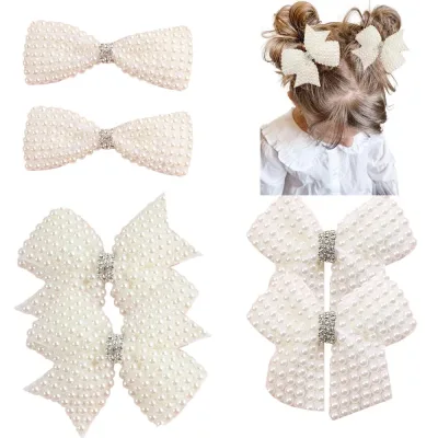 New White Pearl Hair Bow With Hair Clips For Girls Glitter Rhinestone Center Bows Hairpins Children Boutique Hair Access