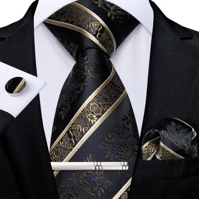 Men's Tie Set with Clip Luxury Retro Striped Floral 8cm Necktie Handkerchief Cufflinks Wedding Party Business Accessorie