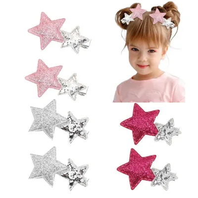 Pink Glitter Star Hair Clips for Girls — Side Bang Barrettes