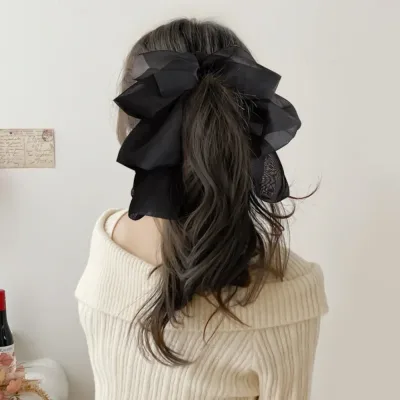 Vintage Chiffon Bow Banana Clip Vertical Ponytail Hair Claw