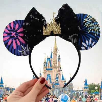Disney Castle Mickey Mouse Ears Headband Sequins Bow Girls Cosplay Hairband Adult/Kids Party Gift Children Hair Accessor