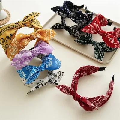 Fashion Cotton Cashew Flowers Printing Soft Wide Hairhoop Hair Accessories for Women Casual Bow Cross Ethnic Headband Wh