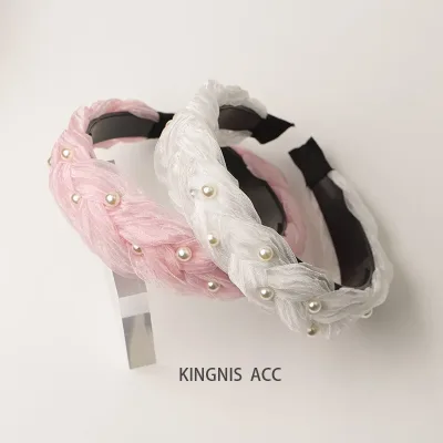 Fairy Organza Imitation Pearl Headband Female Summer Korean Temperament Twist Hairband Wide Brim Hair Hoopc