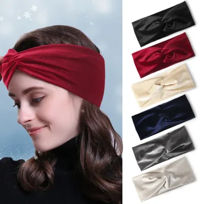 Women Solid Color Velvet Cross Stretch Fabric Headband Female Fashion Elastic Knot Cross Wide Edge Headband Hair Accesso
