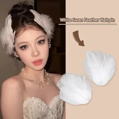 White Swan Feather Hairpin Headwear Ballet Style Stage Performance Side Clip Girl Party Faux Pearl Accessories Hair Clip