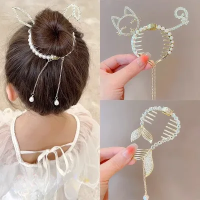 Blue Red Butterfly Bun Ponytail Buckle Holder Hair Clips Elegant Hairpin Hanging Pearl Tassel High Ponytail Hair Claw fo
