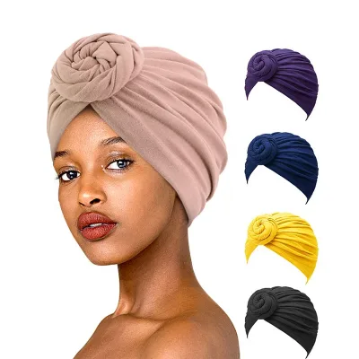 New Women Muslim Turban Hat Cotton Top Knot Flower Decor Headwrap Ladies Hair Cover Bonnet Beanie Headscarf Chemo Cap Ba