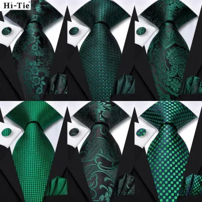 Dark Green Paisley Plaid Wedding Tie Pocket Square Cufflink Set