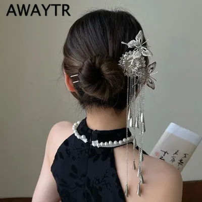 AWAYTR Fashion Metal Hanfu Hair Sticks for Women Tassel Hair Clip Pins Minimalist U Shape Girls Hairpins Hair Bun Headwe