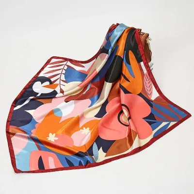 Flower Print Bandana Silk Satin Square Scarf 90x90cm for Women