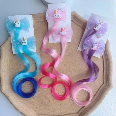 2pcs New Lovely Princess Rainbow Bow Unicorn Wig Girls Hairpins Chi...