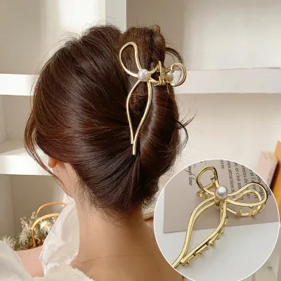 New Exquisite Imitation Pearl Hair Claw Clip Trendy Metal Bow hair Crabs Hairpins Barrettes for Women Hair Accessories H