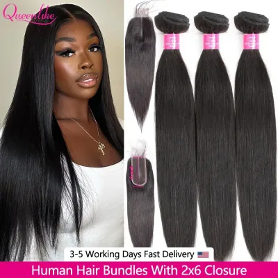 20 20 20 inch Straight Human Hair Bundles And Closure 100% Raw Hair Bundles With 2x6 HD Lace Closure 30inch Bundles Huma