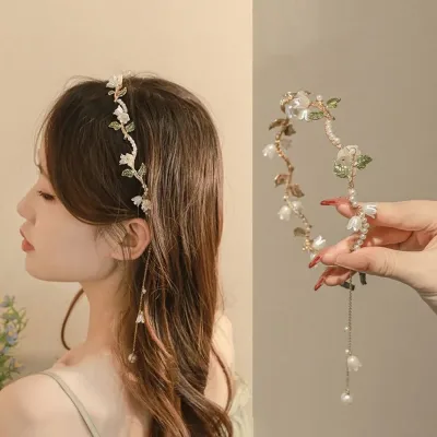 Korean Pearl Flower Headband with Beads and Tassel Wave