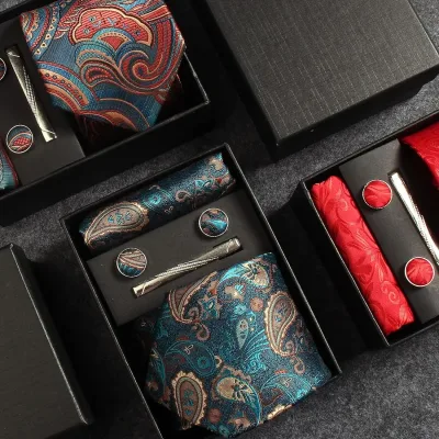 100% Silk Necktie Paisley Floral Mens Tie Top Quality Business Tie Pocket Square Tie Clip Cufflinks Set Classic For Men 