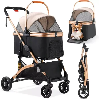 Dog Buggy 2 in 1 Stroller Dog Box Transport Foldable Cat Stroller, 360° Wear-resistant Rubber Wheels, with Storage Baske