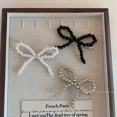 Korean Pearl Bow Barrettes Silver Ballet Style Duckbill Clip Japanese Bang Clip Woven Beads Ponytail Clip