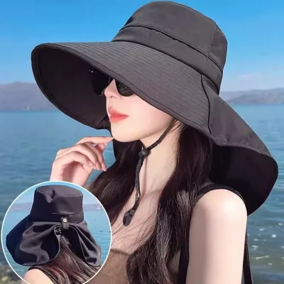2025 Korean Women Summer Sun Hat Large Brim Neck Protection Sunshade Hats Cotton Solid Color Fisherman Cap Ladies Visors