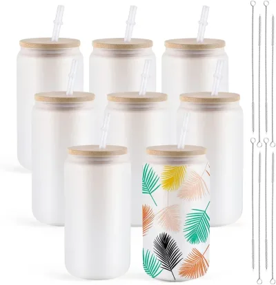 HTVRONT 8 Pack 16OZ Frosted/Clear Glass Sublimation Tumblers with Bamboo Lid Sublimate Tumbler Blanks DIY for Iced Coffe image 1
