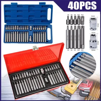 40Pcs/Set 3/8" & 1/2" Drive Allen Key Torx Hex Star Spline Socket Bit Chrome Sockets Set Handle Tools Kit With Case image 1