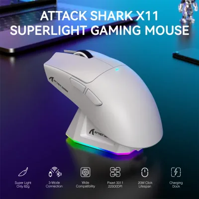 ATTACK SHARK X11 Lightweight Wireless Gaming Mouse with RGB Backlight Charging, Up to 22K DPI, PAW3311 Optical Sensor, H