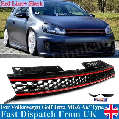 Badgeless Hex Mesh Grille Black W/ Red Trim Fit VW MK6 Golf GTI Jet...