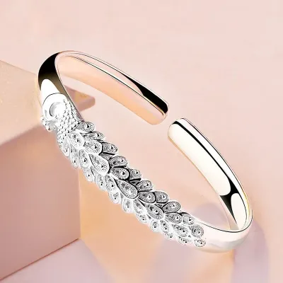 925 Sterling Silver Peacock Opening Screen Bracelet For Women Luxury Designer Texture Open Bracelets Party Original Jewe image 1