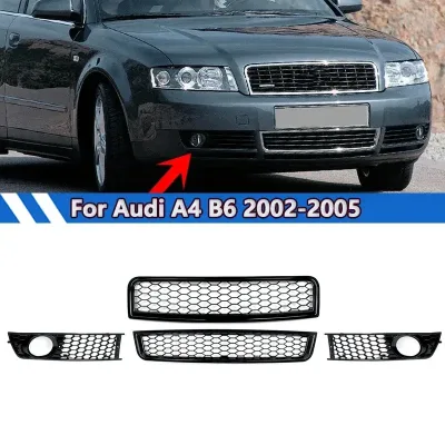 For Audi A4 B6 2002-05 Black RS Style Front Upper Lower Grill+Fog L...