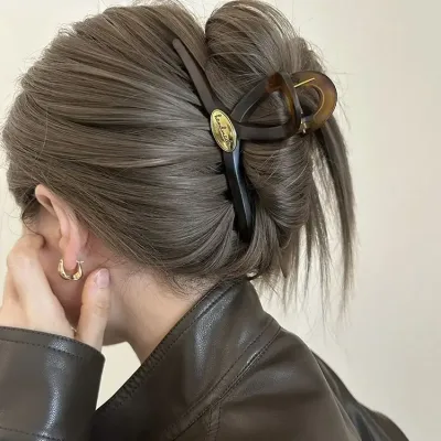 Retro Acrylic Gold Letter Hair Claw Clip Cross Hairpin Korean