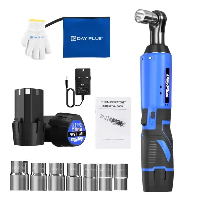Electric Cordless Right Ratchet 3/8'' 90° Angle Wrench with LED Work Light +7pcs Sockets Set Power Ratchet Wrenches, 2 B