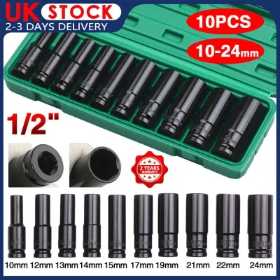 10pcs 1/2'' Deep Socket With Case, 6 Point Hex Design, CR-V Steel 1...
