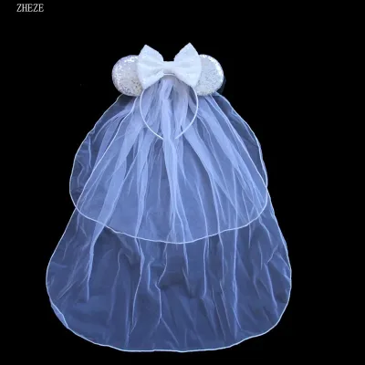 White Mouse Ears Headband with Veil and 5-Inch Sequin Bow