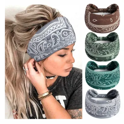 Cashew Print Headbands for Women Wide Boho Turban Headwrap Cotton Knot Elastic Hairbands Bandeau Sport Workout Hair Acce